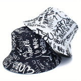 Sombrero de Pescador Unisex Ligero con Estampado de Letras Graffiti - Sombrero Ajustable para Viajes al Aire Libre, Playa y Uso Casual, & Blanco, Sombrero de Playa, Elegante, Ropa Urbana, Construcción en Tela