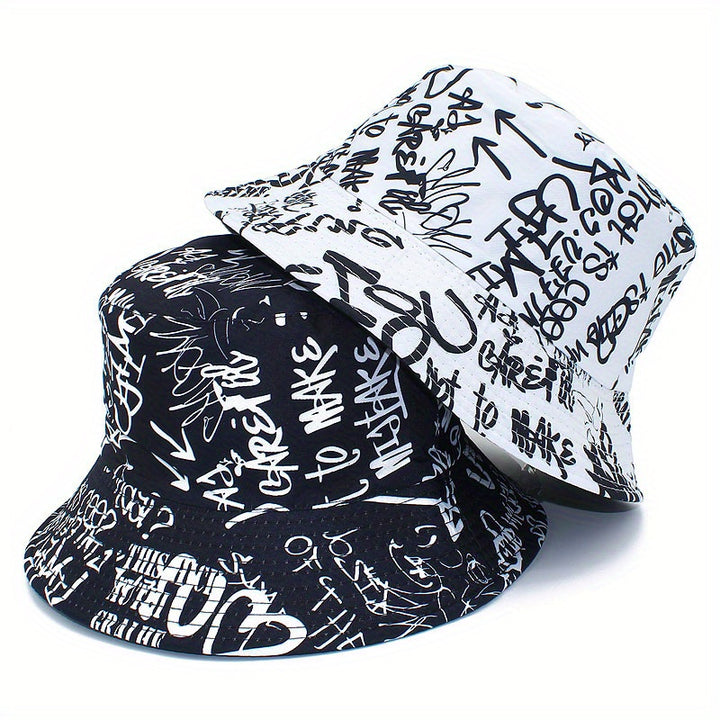 Sombrero de Pescador Unisex Ligero con Estampado de Letras Graffiti - Sombrero Ajustable para Viajes al Aire Libre, Playa y Uso Casual, & Blanco, Sombrero de Playa, Elegante, Ropa Urbana, Construcción en Tela