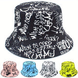 Sombrero de Pescador Unisex Ligero con Estampado de Letras Graffiti - Sombrero Ajustable para Viajes al Aire Libre, Playa y Uso Casual, & Blanco, Sombrero de Playa, Elegante, Ropa Urbana, Construcción en Tela
