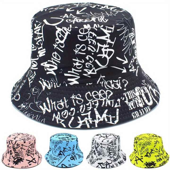 Sombrero de Pescador Unisex Ligero con Estampado de Letras Graffiti - Sombrero Ajustable para Viajes al Aire Libre, Playa y Uso Casual, & Blanco, Sombrero de Playa, Elegante, Ropa Urbana, Construcción en Tela