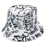 Sombrero de Pescador Unisex Ligero con Estampado de Letras Graffiti - Sombrero Ajustable para Viajes al Aire Libre, Playa y Uso Casual, & Blanco, Sombrero de Playa, Elegante, Ropa Urbana, Construcción en Tela