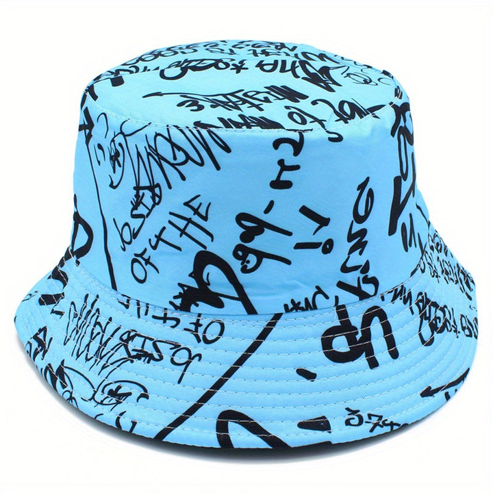 Sombrero de Pescador Unisex Ligero con Estampado de Letras Graffiti - Sombrero Ajustable para Viajes al Aire Libre, Playa y Uso Casual, & Blanco, Sombrero de Playa, Elegante, Ropa Urbana, Construcción en Tela