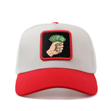Gorra de camionero de béisbol ajustable con diseño temático de dinero, con una mano agarrando efectivo. Esta gorra de malla transpirable es perfecta para actividades de verano al aire libre y tiene un estilo de anime de dibujos animados de hip hop.