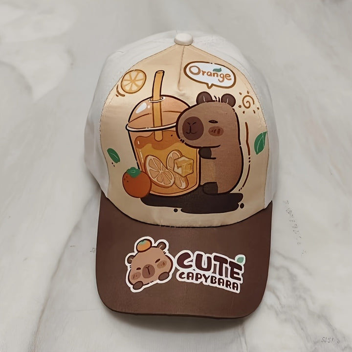 Gorra de Béisbol con Estampado de Oso de Dibujos Animados - Ajuste Elástico, Poliéster Ligero, Azul con Detalles Naranjas y Diseño Encantador, Ideal para Cumpleaños y Uso Diario, Accesorio de Cumpleaños | Gorra de Béisbol Casual | Sombrero Ligero