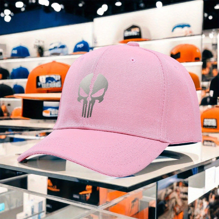 Gorra de Béisbol para Mujer con Estampado de Calavera Punisher - Ajustable, Ligera y Transpirable de Poliéster, Ideal para  y Senderismo, Negra con Estampado Blanco, Diseño Moderno de Estilo Urbano para Comodidad Todo el Año. Tejido de Tela
