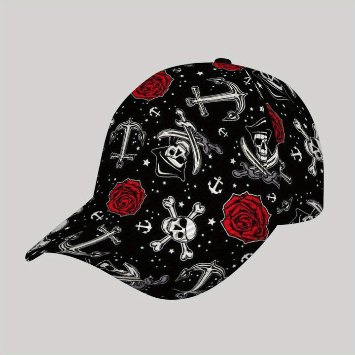 Gorra de béisbol estilo gótico JAIXIWU - Negro con diseños de cráneos blancos, rosas y espadas, gorra de sol casual para deportes al aire libre, ajuste ajustable, fibra de poliéster, gorra de béisbol.