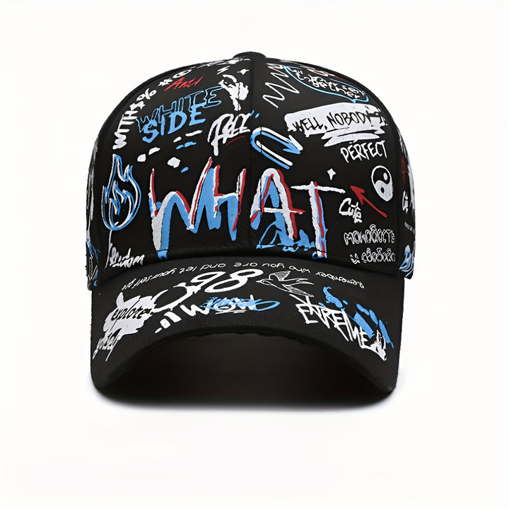 Gorra de béisbol estilosa con impresión de graffiti moderna, diseño hip-hop versátil y protección solar para estilos europeo y americano, disponible en 4 colores