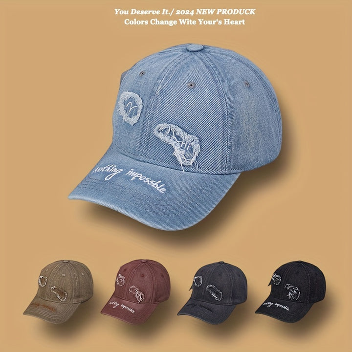 Gorra de béisbol de denim bordado de moda 2024, gorra de jean casual con hebilla ajustable, gorra ligera unisex de poliéster 100% para todas las ocasiones