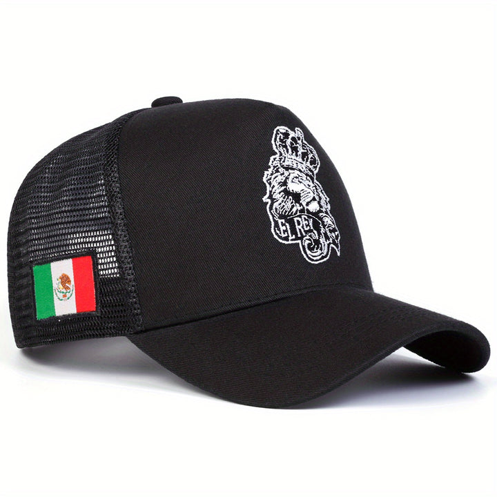 Gorra de béisbol ajustable para hombre El Rey, con bordado de cabeza de león, parche de bandera mexicana y parte trasera de malla transpirable - Gorra casual de poliéster ligera para viajes al aire libre, playa, primavera/otoño, gorra de béisbol, accesori
