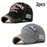 2 piezas de gorras de béisbol con bordado de letras grandes SPARK - Negras desgastadas con logotipo rojo y blanco, algodón, tejido no elástico, lavado a mano o limpieza en seco, estilo casual al aire libre