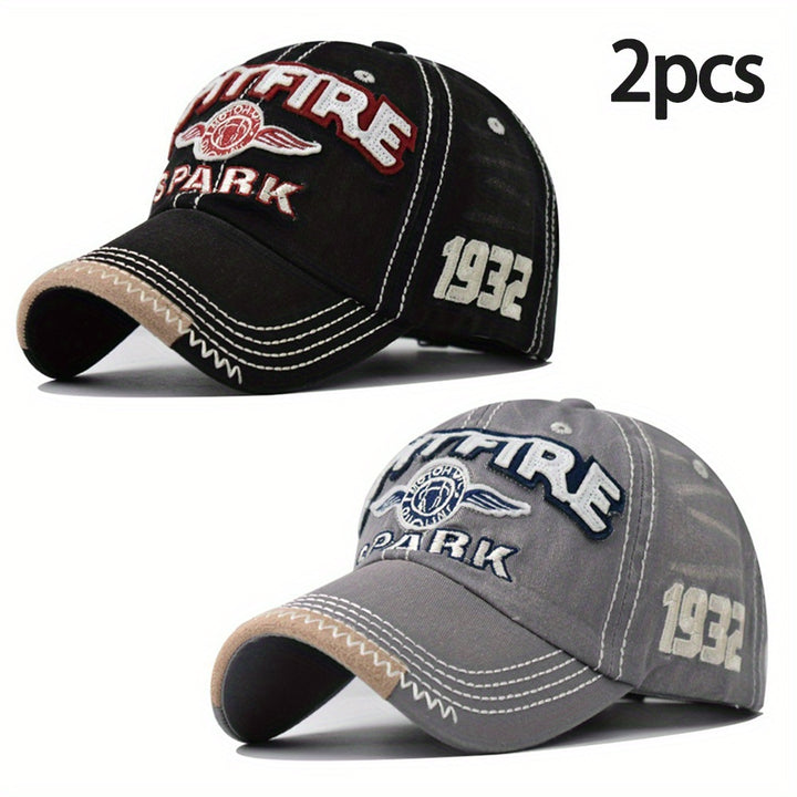 2 piezas de gorras de béisbol con bordado de letras grandes SPARK - Negras desgastadas con logotipo rojo y blanco, algodón, tejido no elástico, lavado a mano o limpieza en seco, estilo casual al aire libre