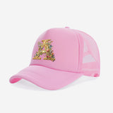 Gorra Trucker para Jóvenes con Diseño de Letra A Floral Dorada - Protección Solar Transpirable, 100% Poliéster, Cierre Ajustable con Broche, Rosa para Primavera/Verano, Regreso a Clases y Día del Maestro (Edades 3-14)