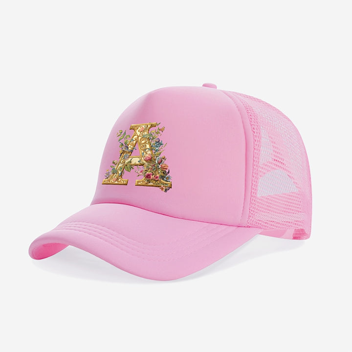 Gorra Trucker para Jóvenes con Diseño de Letra A Floral Dorada - Protección Solar Transpirable, 100% Poliéster, Cierre Ajustable con Broche, Rosa para Primavera/Verano, Regreso a Clases y Día del Maestro (Edades 3-14)
