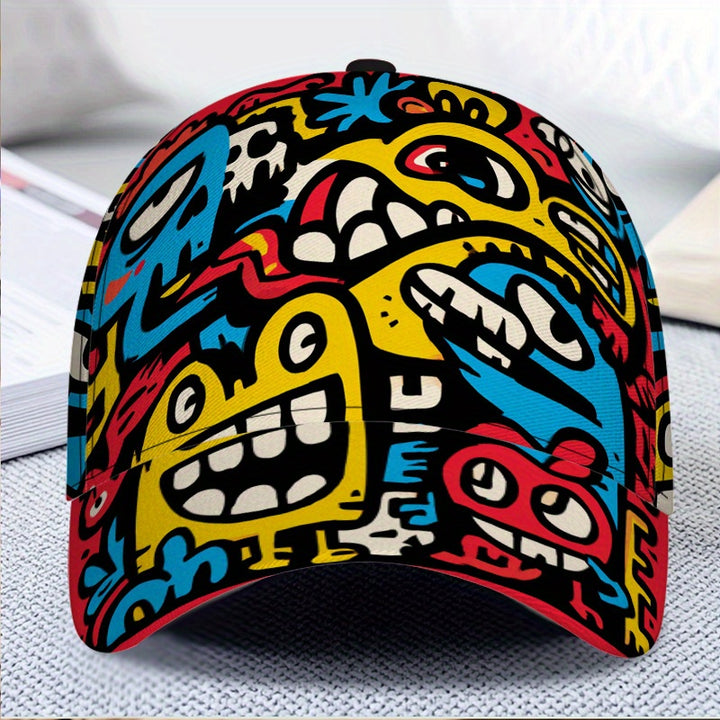 1 gorra de béisbol divertida con estampado caótico de dibujos animados 2D - Gorra ligera de poliéster con diseño vibrante y caótico de cuerpo completo, ideal para correr, deportes y estilo urbano, eventos casuales y temáticos (Halloween/Navidad/Acción ...