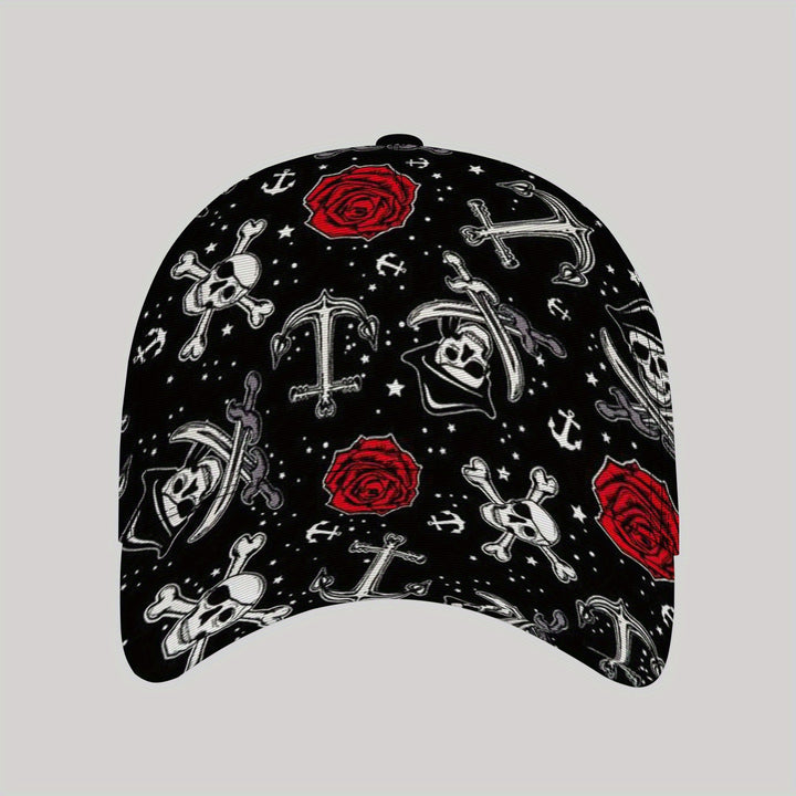 Gorra de béisbol estilo gótico JAIXIWU - Negro con diseños de cráneos blancos, rosas y espadas, gorra de sol casual para deportes al aire libre, ajuste ajustable, fibra de poliéster, gorra de béisbol.
