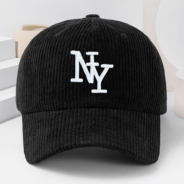 Gorra ajustable NY con logo bordado, unisex, negra/blanca tipo pana, ligera y abrigada para invierno y todo clima, bordado temático NY, regalo casual para fans (lavable a mano)