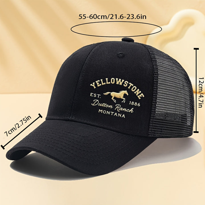 1-Pack Gorra de Béisbol Yellowstone - Sombrero Ligero Sin Elasticidad con Año de Fundación (1886), Visera Curva para Exteriores, Viajes y Camping - con Letras Doradas - Gorra Unisex para Hombres y Mujeres, Diseño Estilizado en Malla Transpirable