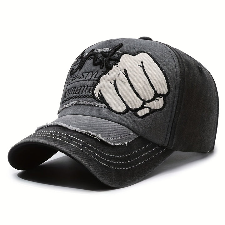 Gorra de béisbol retro lavada con gráfico de puño - Ligera, ajustable con cierre a presión, transpirable, gorra unisex de streetwear para hombres y mujeres, perfecta para exteriores, casual y celebraciones de Año Nuevo