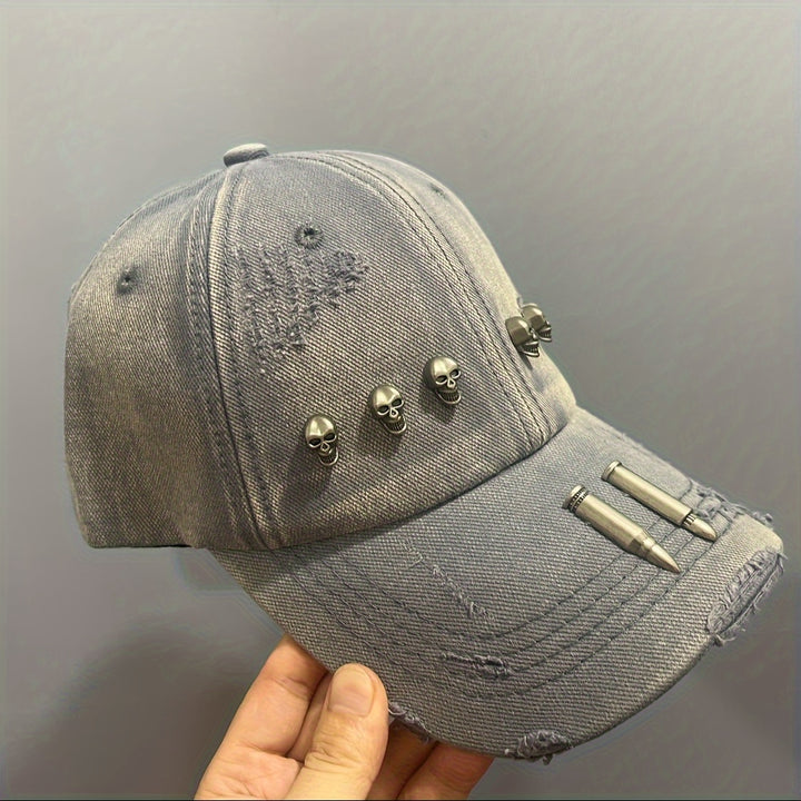 Gorra de béisbol desgastada y rasgada con decoración de cráneo de bala metálica, estilo hip hop rock, unisex, para performance y moda urbana