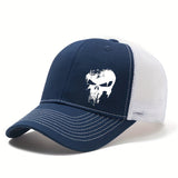 Gorra de béisbol unisex con estampado de cráneo, tamaño ajustable, verano, exterior, malla transpirable, gorra de camionero con borde curvo, adecuada para ocasiones informales como vacaciones, viajes y camping.
