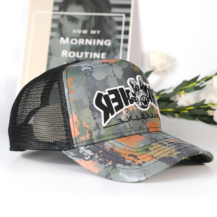 Gorra de Béisbol Gráfica para Skateboarding - Gorra Trucker de Hip Hop con Mesh Breathable, Snapback Adjustable, Diseño Unisex Embroidered para Viajes Outdoor y Skateboarders de Primavera/Otoño, Headwear Casual, Diseño Sporty, Detalle Embroidered