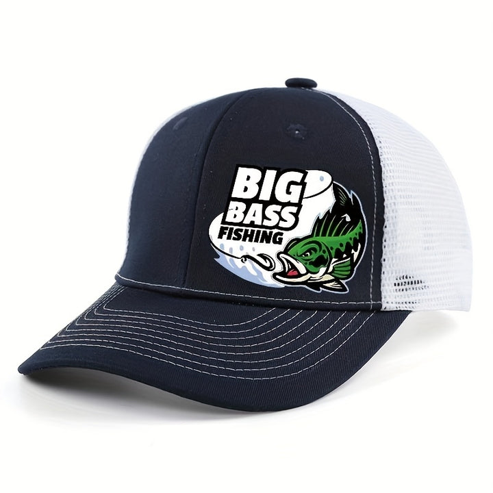 Gorra Trucker Unisex Ajustable Ligera y Transpirable de Malla - Diseño Color-Block /Blanco con Gráfico BIG BASS FISHING y Pecera, Gorra Deportiva para Aficionados a la Pesca al Aire Libre, Regalo Perfecto para Graduaciónes, Día del Maestro o Partidos de F