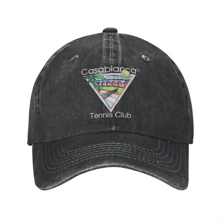 Gorra de Béisbol con Logo del Casablanca Tennis Club - Gorra Negra Lavada al Estilo Universitario Transpirable con Diseño Vibrante en Rosa y Azul, Regalo Ideal para Aficionados al Tenis, Golf o Running