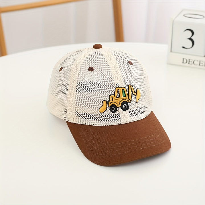 Gorra de béisbol infantil con diseño de excavadora, malla transpirable, ajustable con elástico, ideal para deportes y actividades al aire libre