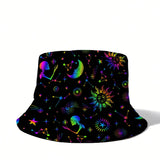 Gorra de cubeta unisex de estilo funky de paquete único, tejido de poliéster 100% no elástico, con estampado de galaxia, lavable a mano