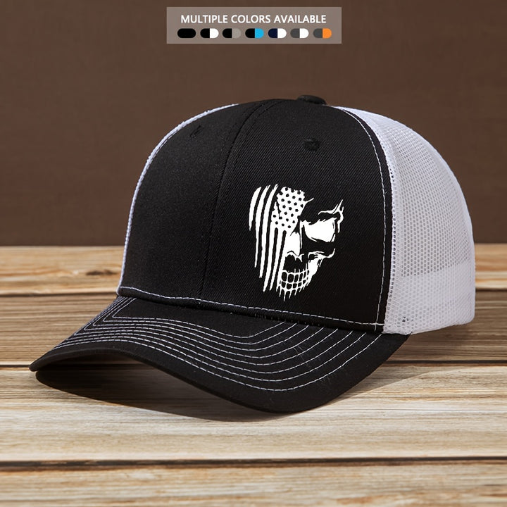 Gorra de béisbol curva con estampado de calavera y bandera de letra para hombres y mujeres, elegante sombrero de camionero para actividades al aire libre, ajustable y adecuado para camping y pesca, perfecto para correr, hacer senderismo y camping, lo conv