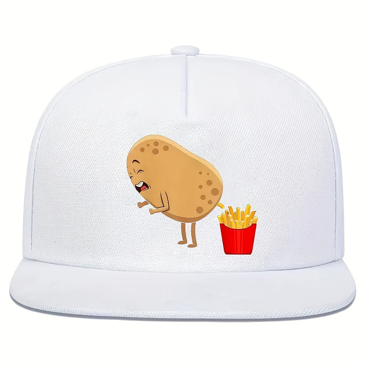 1 Gorra Ajustable de Béisbol con Estampado Divertido de Papa y Papas Fritas - Visera Plana Roja con Ribete Blanco, Estilo Streetwear Moderno para Hombres, Deportes al Aire Libre y Eventos Temáticos (Correa Ajustable)