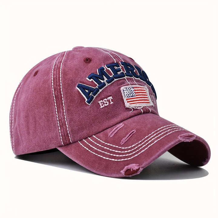 Gorra de Béisbol Americana Retro Lavada con Bordado, Parche Apliqué y Visera Revestida