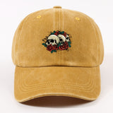 1 Gorra de béisbol impresa con un solo auricular, lavada a mano, ajustable, ligera, no elástica, con tema de vacaciones, diseño de rosa y calavera, para hombres, mujeres, ciclismo urbano al aire libre, todas las estaciones.