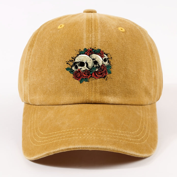 1 Gorra de béisbol impresa con un solo auricular, lavada a mano, ajustable, ligera, no elástica, con tema de vacaciones, diseño de rosa y calavera, para hombres, mujeres, ciclismo urbano al aire libre, todas las estaciones.