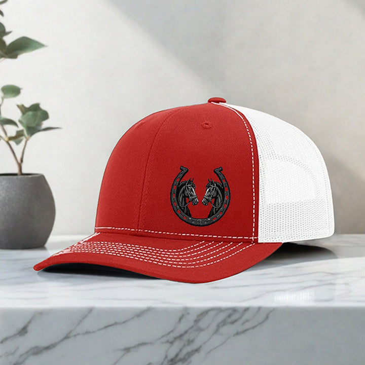Gorra de béisbol negra para hombre con estampado de herradura de caballo doble, transpirable y ajustable, diseño ligero y duradero, ideal para deportes al aire libre y uso casual | Gorra ajustable | Tela de malla transpirable