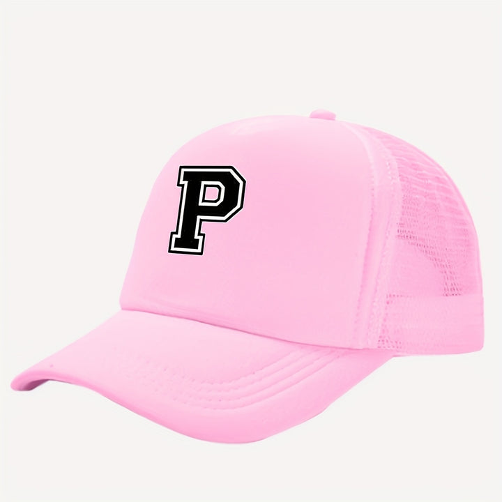 Gorra de camión con estampado de 26 letras rosa para niñas - Espalda de malla transpirable, cierre ajustable con clic, diseño de letras A-Z adecuado para regreso a clases, cumpleaños y verano | Regalo de moda, equipo casual para jóvenes | Gorra de béisbol