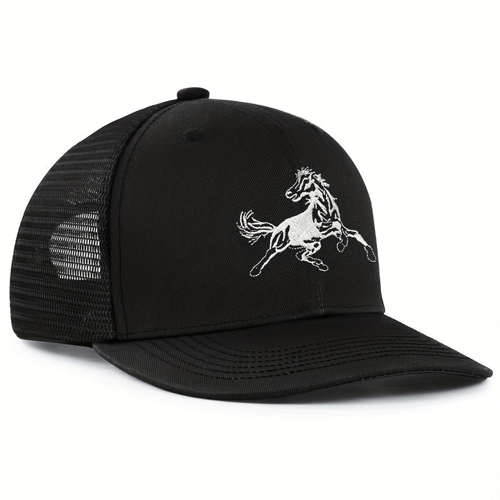 Un solo paquete (caja) de gorra de malla negra bordada con caballo de trote rápido, con un diseño de bordado creativo de caballo valiente, gorra de camionero, gorra de béisbol informal deportiva al aire libre, transpirable, ligera, sombrero de calidad aju