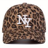 1 Gorra de béisbol con estampado de leopardo para mujer, ajustable, protección solar, sombrero casual para viajes al aire libre y vacaciones en la playa, poliéster, cierre con hebilla, detalles de bordado, gorra con estampado de leopardo