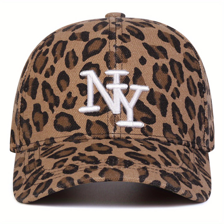 1 Gorra de béisbol con estampado de leopardo para mujer, ajustable, protección solar, sombrero casual para viajes al aire libre y vacaciones en la playa, poliéster, cierre con hebilla, detalles de bordado, gorra con estampado de leopardo
