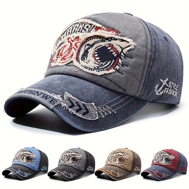 1 gorra de béisbol unisex ajustable con broche, estilo retro desgastado con bordado de tiburón, gorra ligera de ala ancha para todas las temporadas, para hombres y mujeres, deportes casuales al aire libre, ropa con tema marino