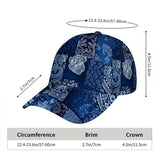 1 Gorra de Béisbol Azul Marino y Blanca con Estampado Paisley - Correa Ajustable, Clásica para Hombres, Ideal para Eventos Formales y Casuales - Sombrero Diario No Eléctrico para Halloween, Navidad, Acción de Gracias, Fiestas, Diseño de Patchwork, Constru