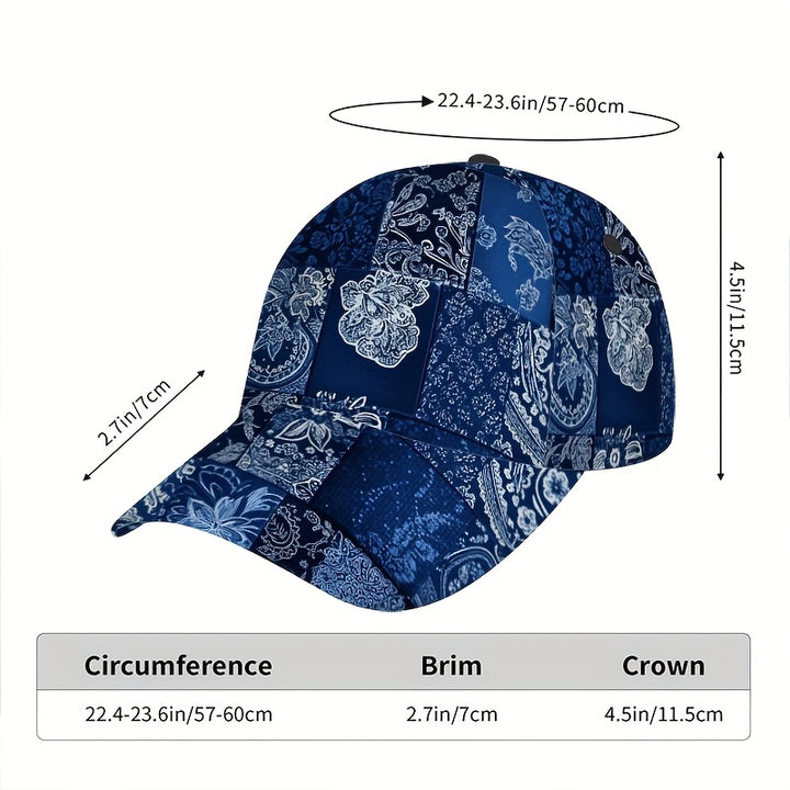 1 Gorra de Béisbol Azul Marino y Blanca con Estampado Paisley - Correa Ajustable, Clásica para Hombres, Ideal para Eventos Formales y Casuales - Sombrero Diario No Eléctrico para Halloween, Navidad, Acción de Gracias, Fiestas, Diseño de Patchwork, Constru
