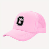 Gorra de camión con estampado de 26 letras rosa para niñas - Espalda de malla transpirable, cierre ajustable con clic, diseño de letras A-Z adecuado para regreso a clases, cumpleaños y verano | Regalo de moda, equipo casual para jóvenes | Gorra de béisbol