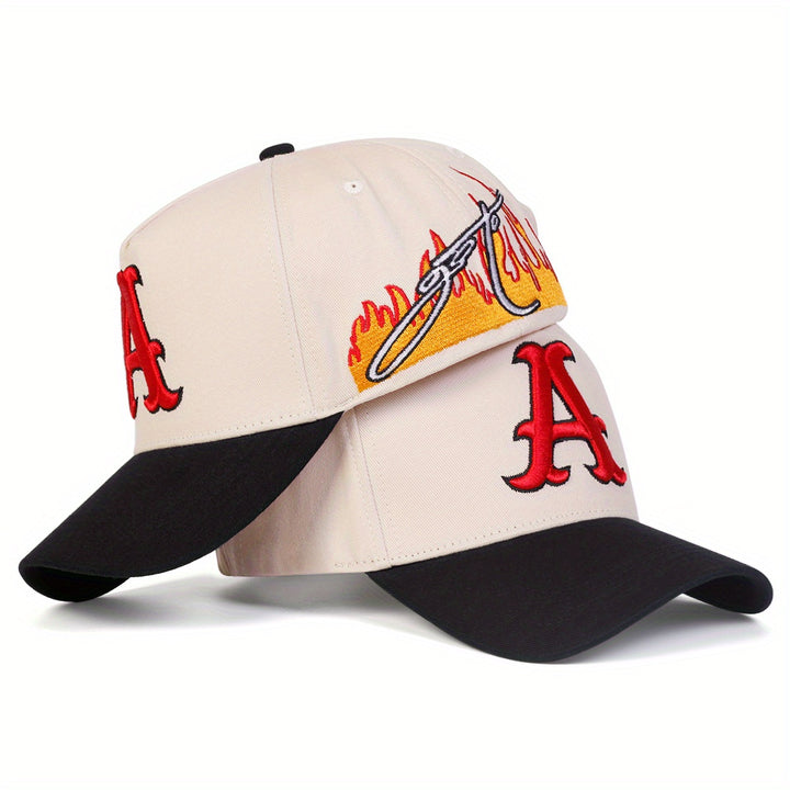 1pc Gorra de béisbol ajustable de moda para hombre con diseño de llamas en el lado, estilo casual, 100% poliéster, sombrero de protección solar para viajes de primavera/otoño, playa y fiesta