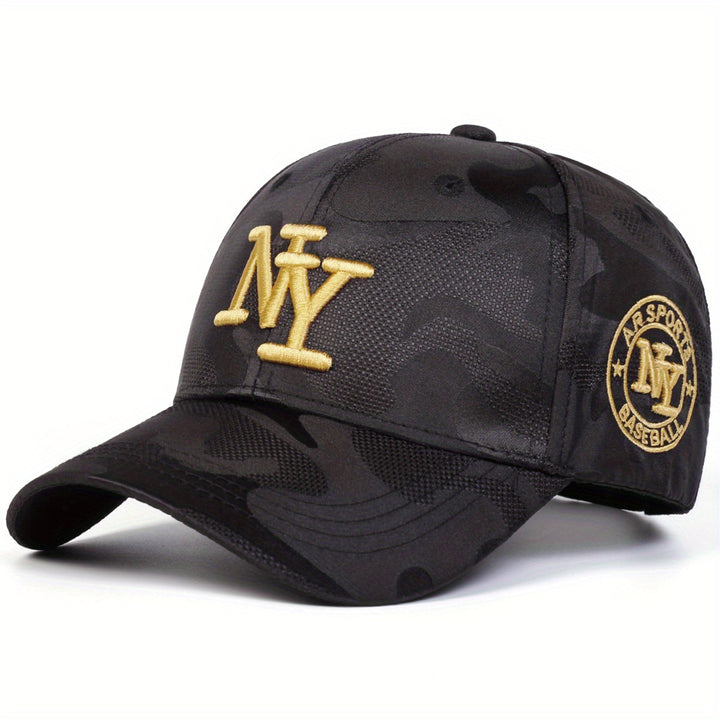 1 Gorra de béisbol de camuflaje con letra NY para hombre, ajustable, protección solar, sombrero casual para primavera y otoño, viajes y vacaciones en la playa.