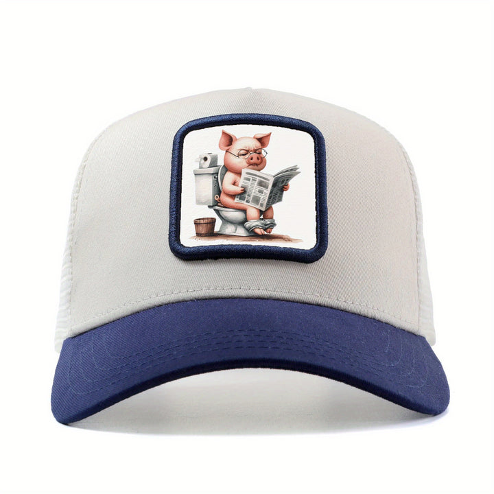 Gorra de béisbol unisex con malla trasera, gorra de pesca ajustable estilo camionero, diseño de cerdo leyendo periódico en el baño, gorra de verano transpirable para exteriores, estampado hip hop y anime