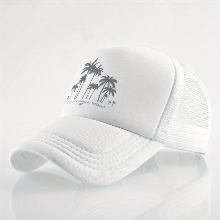 Gorra de béisbol de malla con patrón de árbol de coco, ajustable con cierre de clic, poliéster transpirable para hombres y mujeres, sombrero casual para vacaciones al aire libre, accesorio de playa.