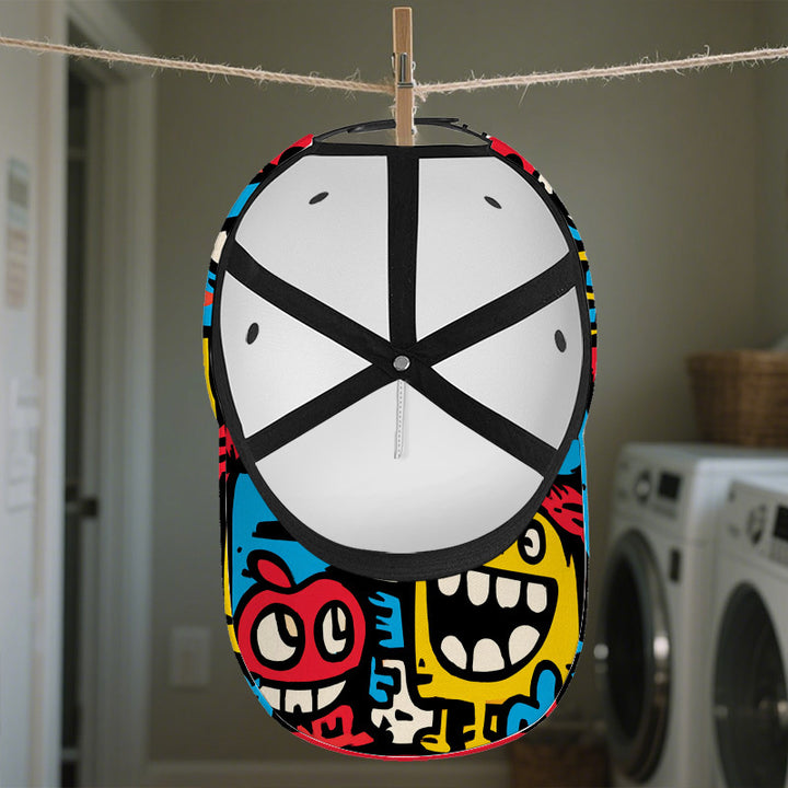 1 gorra de béisbol divertida con estampado caótico de dibujos animados 2D - Gorra ligera de poliéster con diseño vibrante y caótico de cuerpo completo, ideal para correr, deportes y estilo urbano, eventos casuales y temáticos (Halloween/Navidad/Acción ...