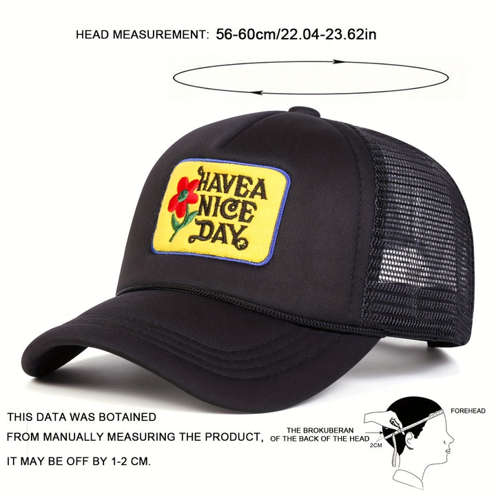 Gorra de béisbol floral para hombres, TEN UN BUEN DÍA, moda de malla de verano, sombrero de camionero para protección solar al aire libre, ajustable, gorra casual para primavera, otoño, viajes, playa y vacaciones