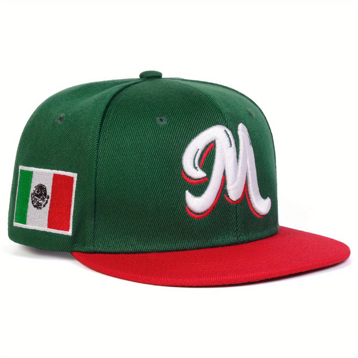 Gorra de béisbol con bandera de México y logo 'M' para hombre, 1 unidad, ajustable, ligera de poliéster, ideal para viajes, playa y uso casual (negro/verde/rojo), accesorio para exteriores, diseño con letras detallado